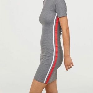 H&M Grey Bodycon Dress - white/red side stripes - size 8